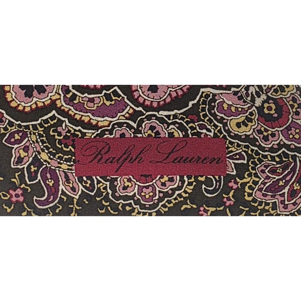Ralph Lauren Paisley & Houndstooth Check Silk Scarf Olive Green & Magenta 32x32